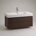 Meuble sous vasque 120 cm 50 cm 50 cm plateau pierre reconstituée blanc vasque intégrée MDF façade rainurée brun foncé double tiroir
