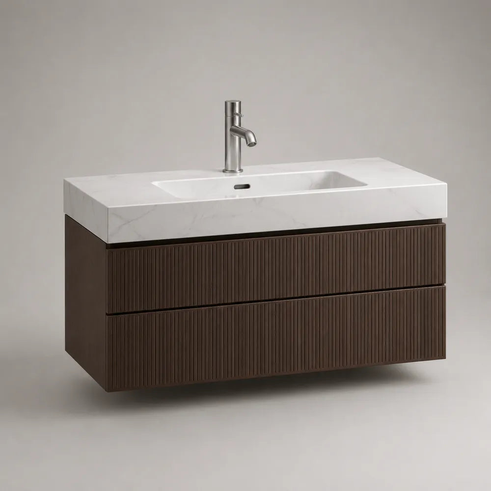 Meuble sous vasque 120 cm 50 cm 50 cm plateau pierre reconstituée blanc vasque intégrée MDF façade rainurée brun foncé double tiroir