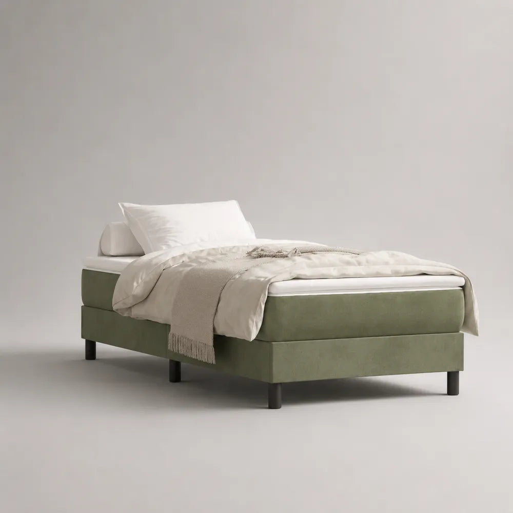 Cadre de lit 90 x 200 cm tissu polyester vert structure bois MDF et acier pieds métal noir sommier à lattes sans rangement