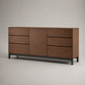 Buffet de salle à manger noyer MDF plaqué 6 tiroirs 1 porte structure acier noir 160 cm x 40 cm x 78 cm