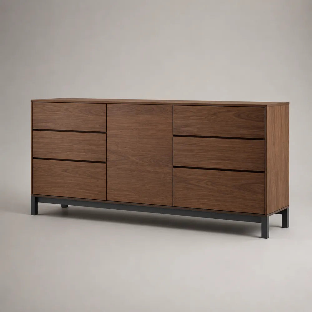 Buffet de salle à manger noyer MDF plaqué 6 tiroirs 1 porte structure acier noir 160 cm x 40 cm x 78 cm