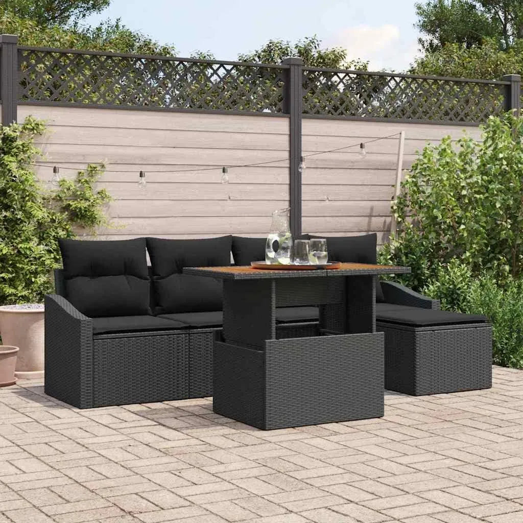 Ensemble de canapés de jardin avec espace de rangement — modulaire, avec rangement, 6 pièces, noir, en résine tressée
