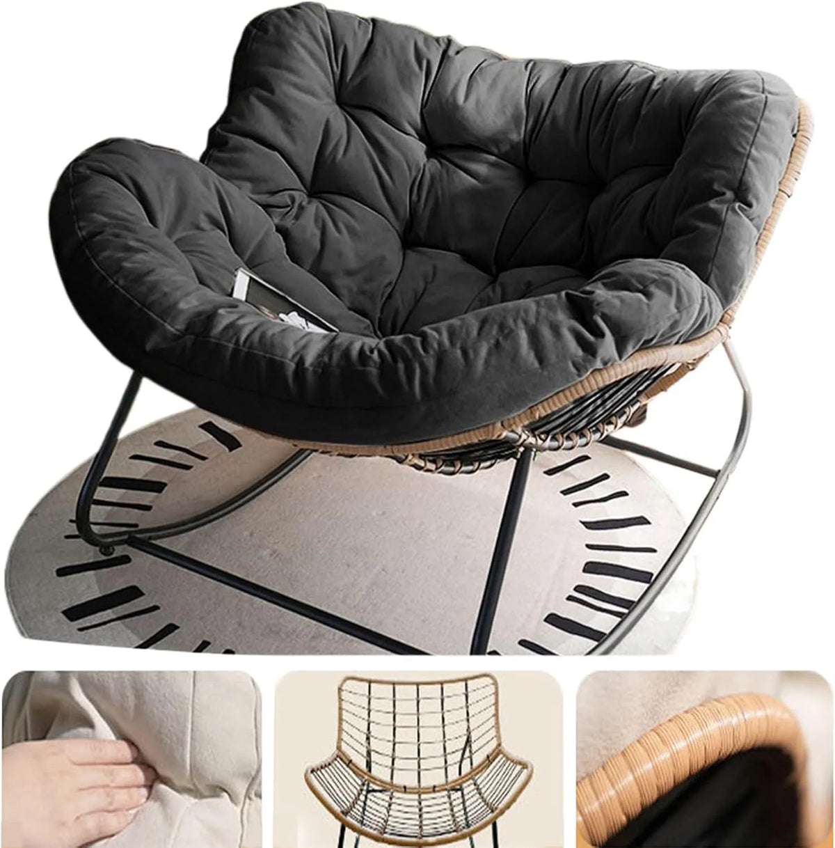 Fauteuil à bascule — avec coussins, en résine tressée