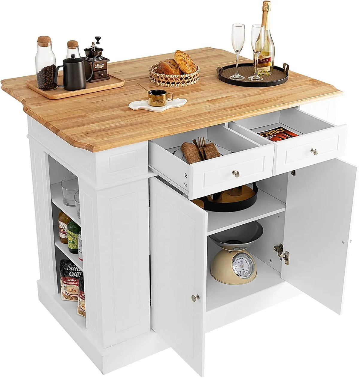 COSTWAY Ilot Central Cuisine Plateau en Bois d'Hévéa Pliable: avec tiroirs, avec Bibliothèque et étagère de rangements, 3 Niveau ×, 2 Portes