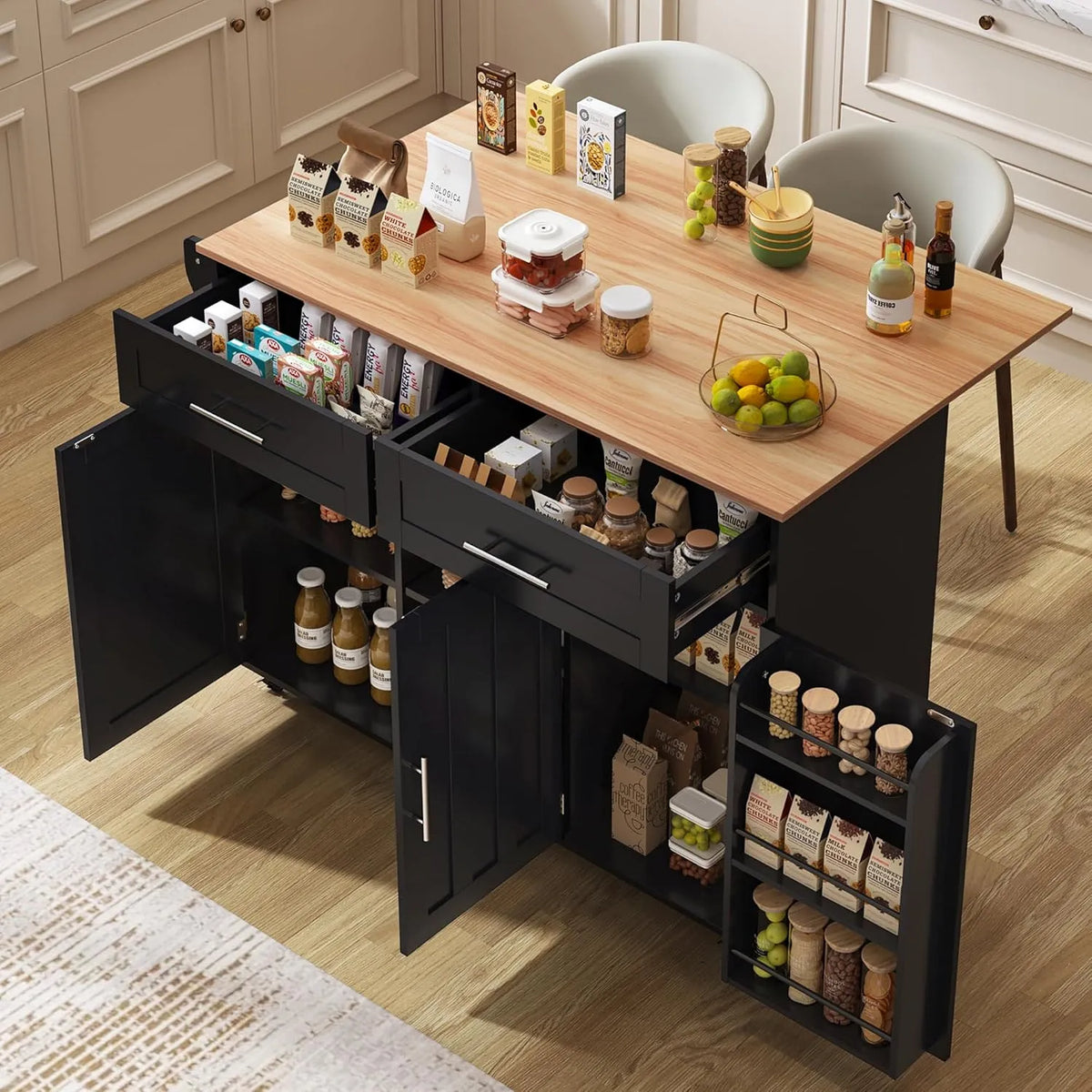 Desserte îlot de Cuisine sur roulettes: avec rangement, avec tiroirs, avec roulettes, 3 Portes, 2 Tiroirs, 129 × 71 × 91, 5cm, noir
