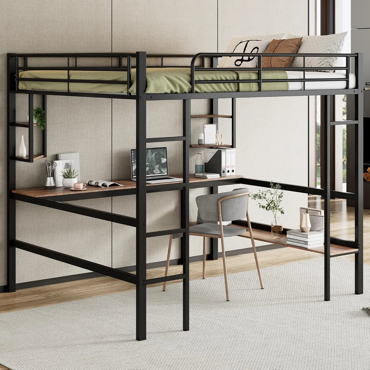Bureau — pour enfant, en métal, avec Bibliothèque et étagère de rangements, avec bureau, 140 × 200 cm, noir, avec étagères, revêtement en tissu