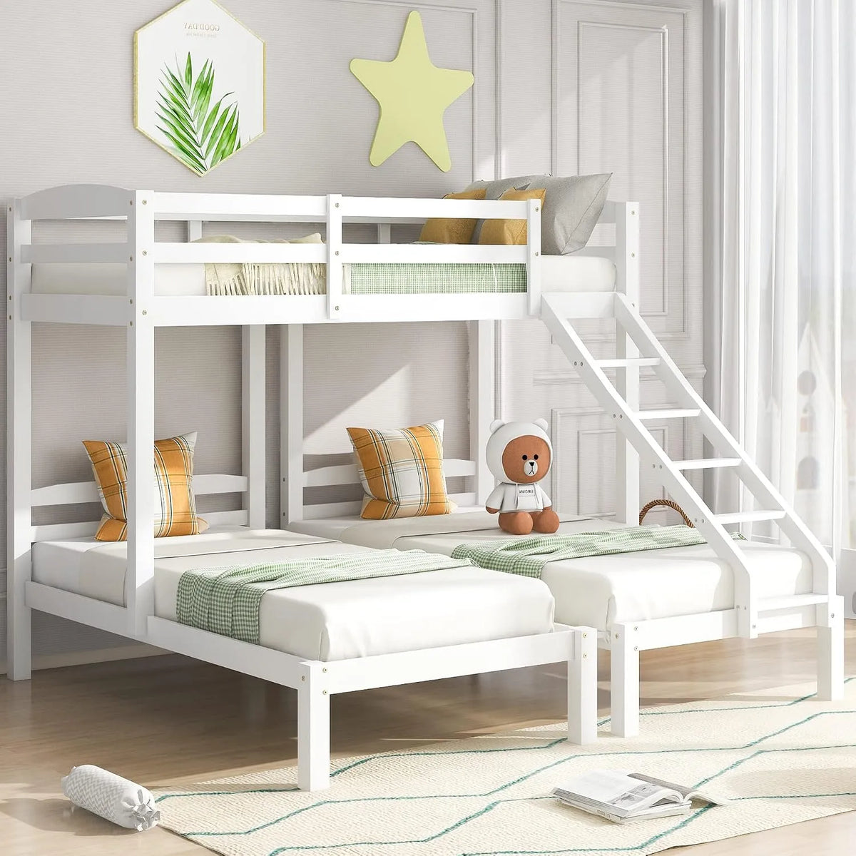 Lit superposé et lit mezzanine – pour enfant, avec échelle, 90 × 200cm, revêtement en tissu