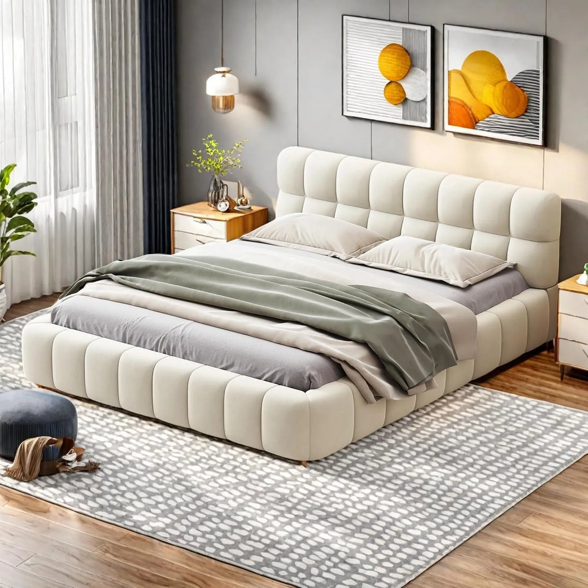 Générique Lit Double 140x190 à Bulles rembourré: avec dossier, 140 × 190, beige, revêtement en tissu