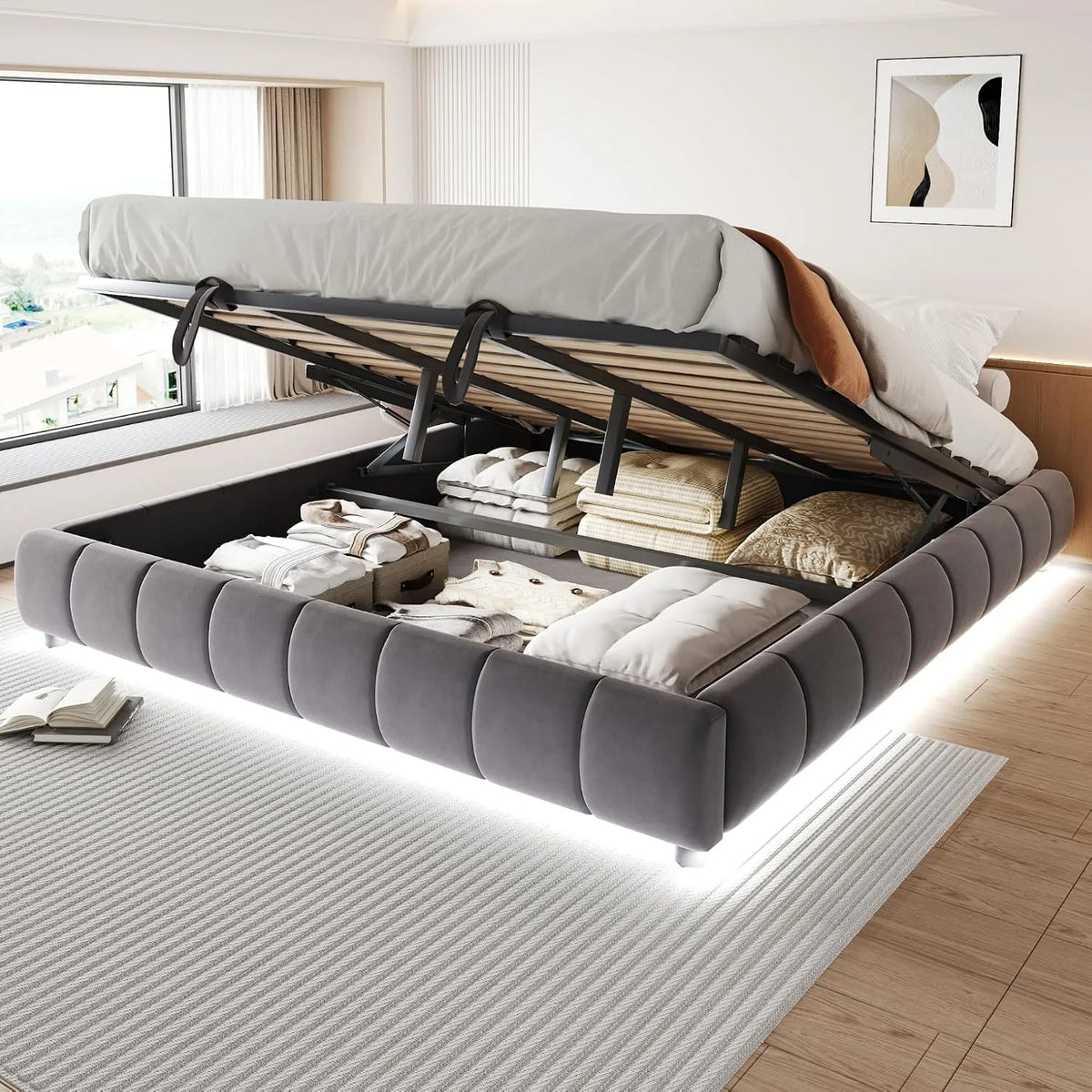 Lit capitonné 180 x 200 cm avec coffre de lit – avec rangement, 180 × 200 cm, gris