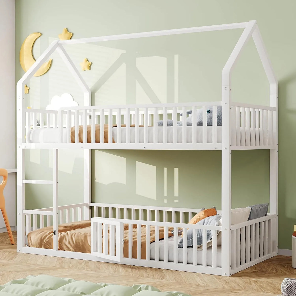 Lit superposé et lit mezzanine — pour enfant, en métal, avec escalier, 90 × 200 cm, blanc, revêtement en tissu