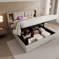 Lit rembourré et cadre de lit tapissé – avec rangement, avec port USB, 140 × 200cm, beige, revêtement en tissu