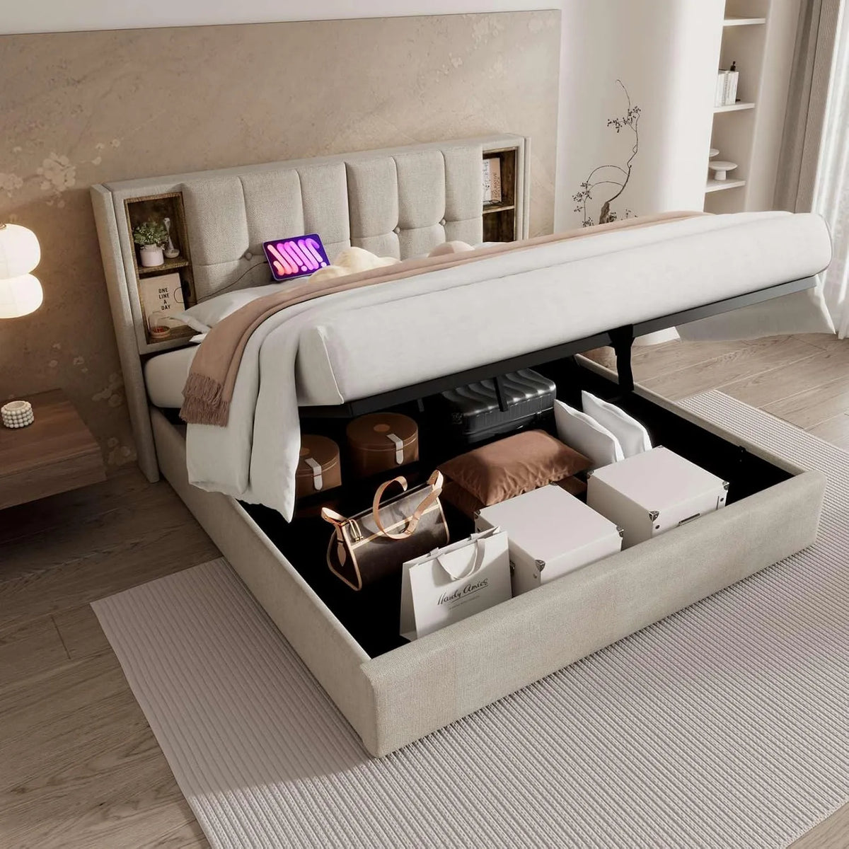 Lit rembourré et cadre de lit tapissé – avec rangement, avec port USB, 140 × 200cm, beige, revêtement en tissu