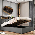 Lit double rembourré – avec rangement, avec port USB, 140 × 200 cm, gris, revêtement en tissu