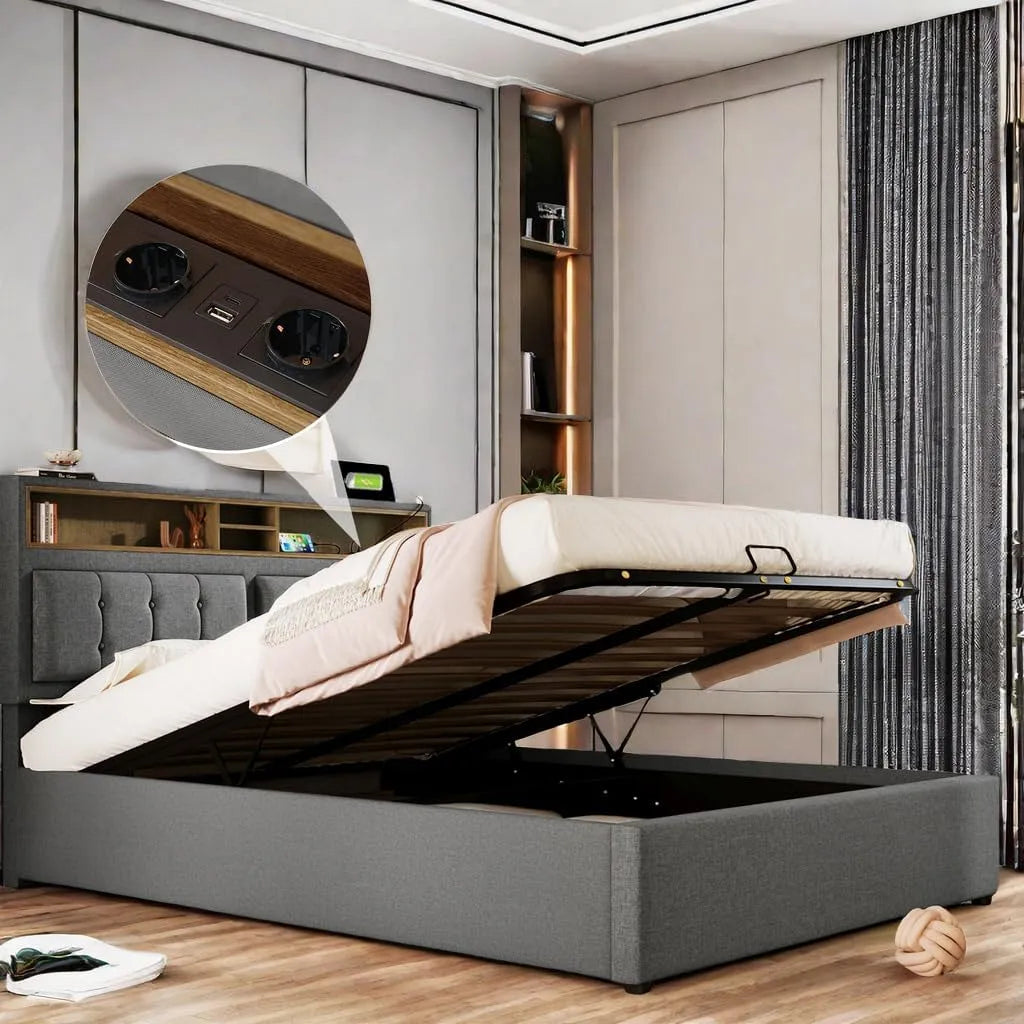 Lit double rembourré – avec rangement, avec port USB, 140 × 200 cm, gris, revêtement en tissu