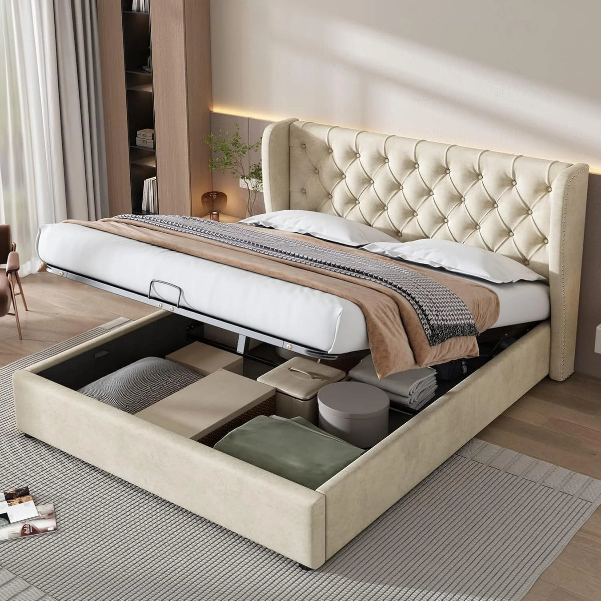 Lit Coffre 180x200cm — revêtement en tissu, avec rangement, 180 × 200cm, beige, revêtement en velours