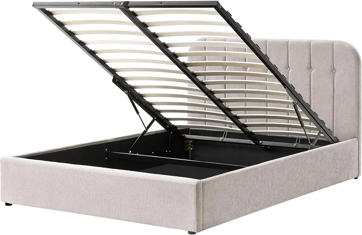 Beliani Lit Ottoman en Tissu 160 x 200 cm Sommier – revêtement en tissu, avec rangement, 160 × 200 cm, beige