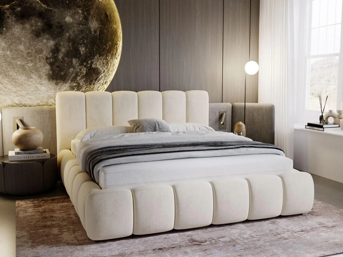 Lit Cloud 200x200: revêtement en tissu, avec rangement, 200 × 200, beige, avec rangement intégré, revêtement en velours