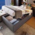 Lit rembourré et cadre de lit tapissé: avec rangement, avec port USB, 90×190 cm, gris, revêtement en tissu