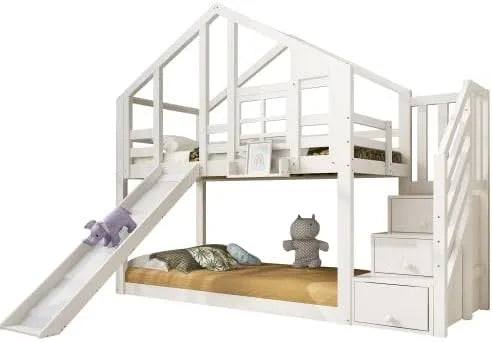 Lit superposé et lit mezzanine – pour enfant, en bois, avec rangement, avec escalier, 90 × 200 cm