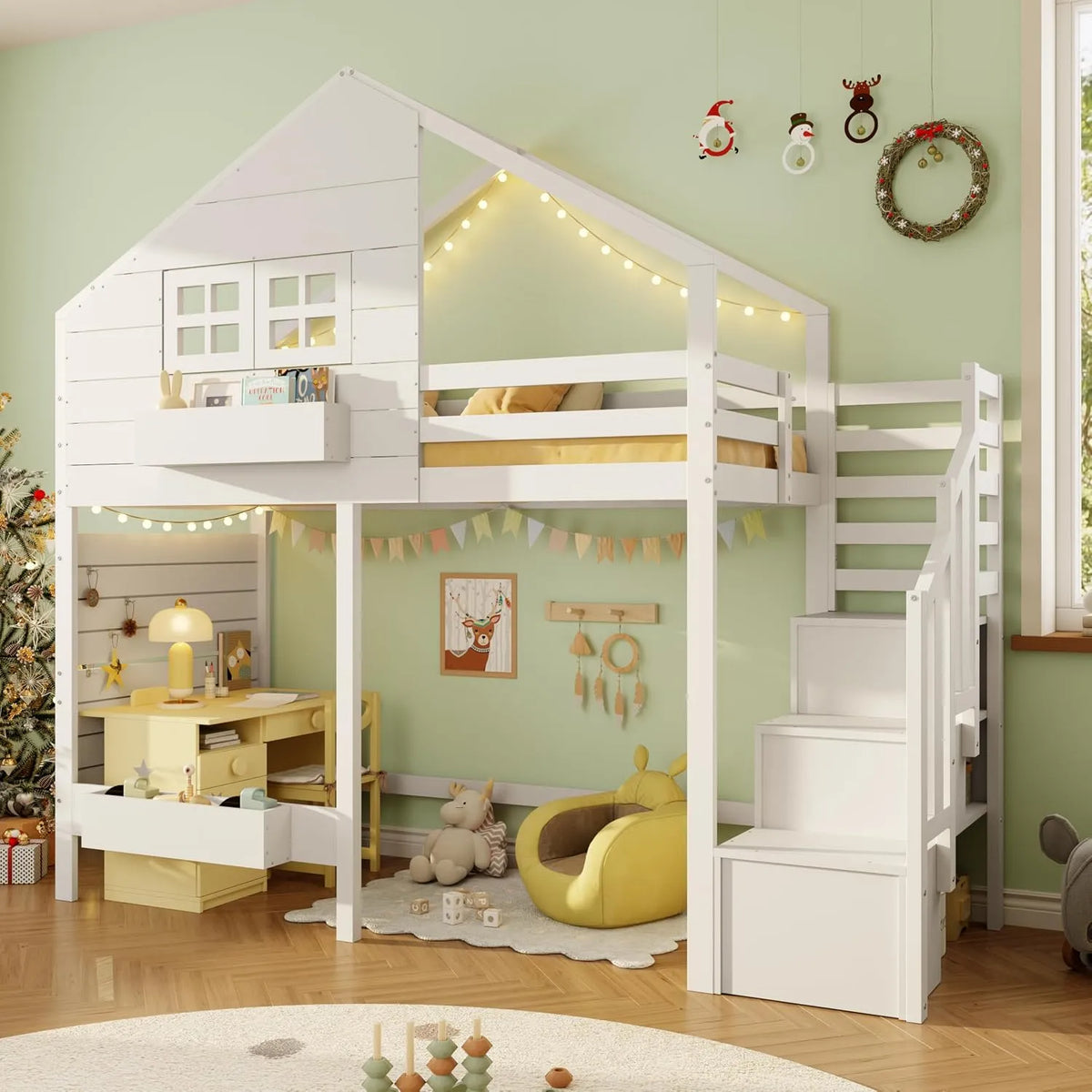 Lit mezzanine — pour enfant, en bois, avec rangement, avec escalier, 90 × 200 cm, blanc, en bois massif, revêtement en tissu