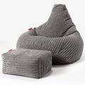 Lounge Pug Pouf Poire Gamer avec Repose-Pieds en Velours Côtelé — Anthracite, pour gaming, format portable