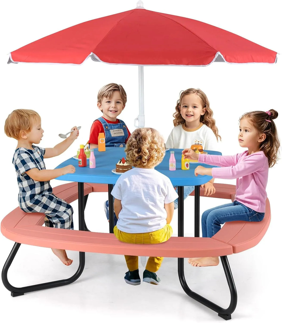COSTWAY Table de Pique-Nique Enfant en HDPE avec Parasol Amovible &: pour enfant, réglable, rouge