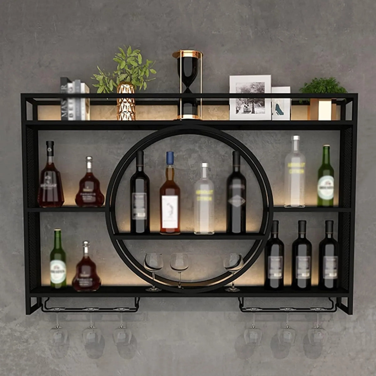 Étagère Murale Industrielle pour Bouteilles et Verres - Métal Noir