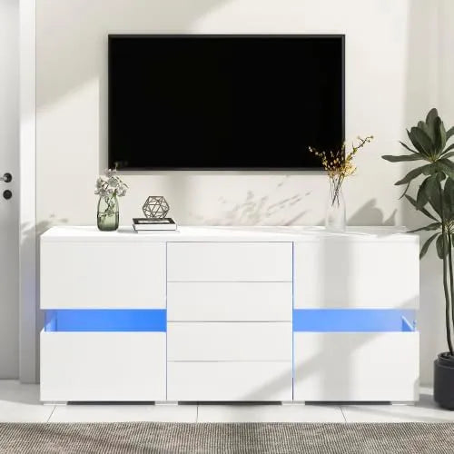 Buffet Moderne Blanc avec LED et Rangement, 2 Portes & 4 Tiroirs, Pour Salon et Salle à Manger