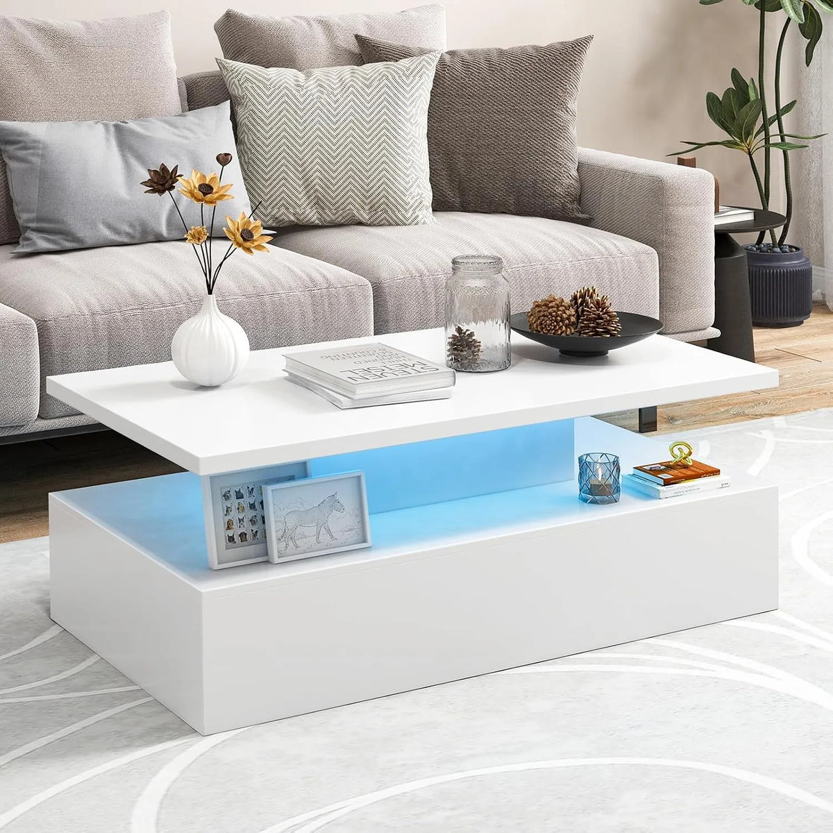 GOPLUS Table Basse LED avec Télécommande, 20 Couleurs et 19 Modes, 8 Niveaux de Luminosité, 110x60x40 cm, Blanc Laqué