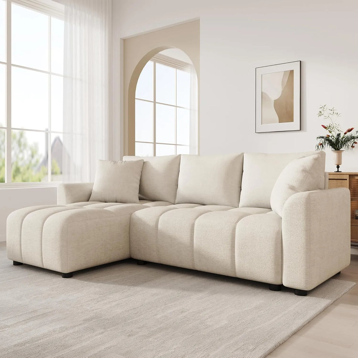 Canapé d'angle réversible en L avec méridienne, convertible moderne en chenille 3 places, avec 2 coussins pour salon ou chambre (Beige)