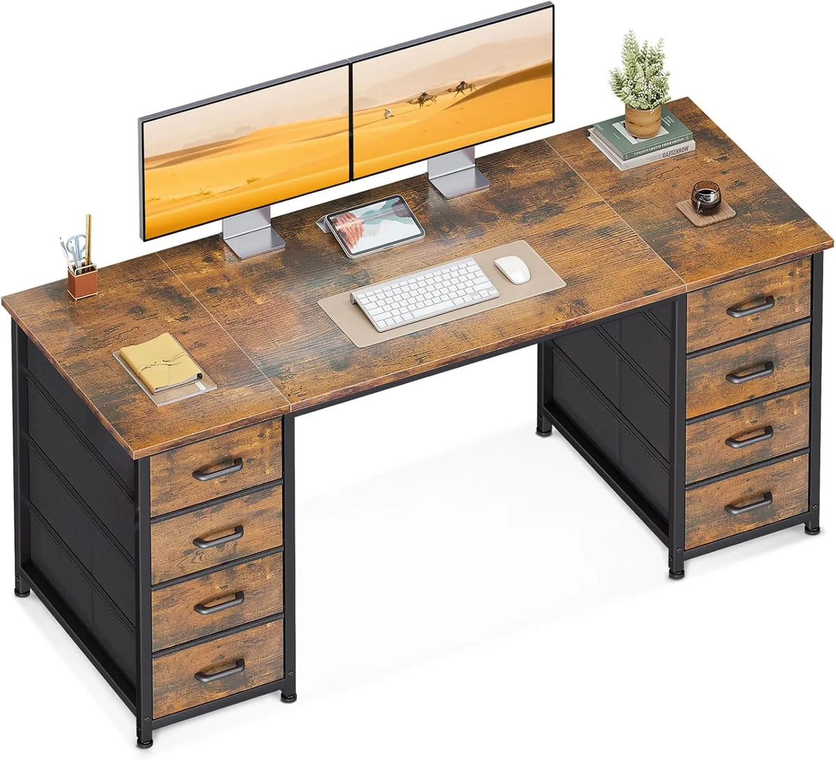 Bureau de Travail en Chêne avec Rangement et Tiroirs en Tissu, 140x48cm, Table Informatique Robuste pour Salon