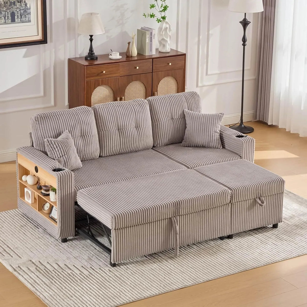 Canapé Convertible 3 Places en Velours avec Rangement et Coussins Doux - Gris Clair