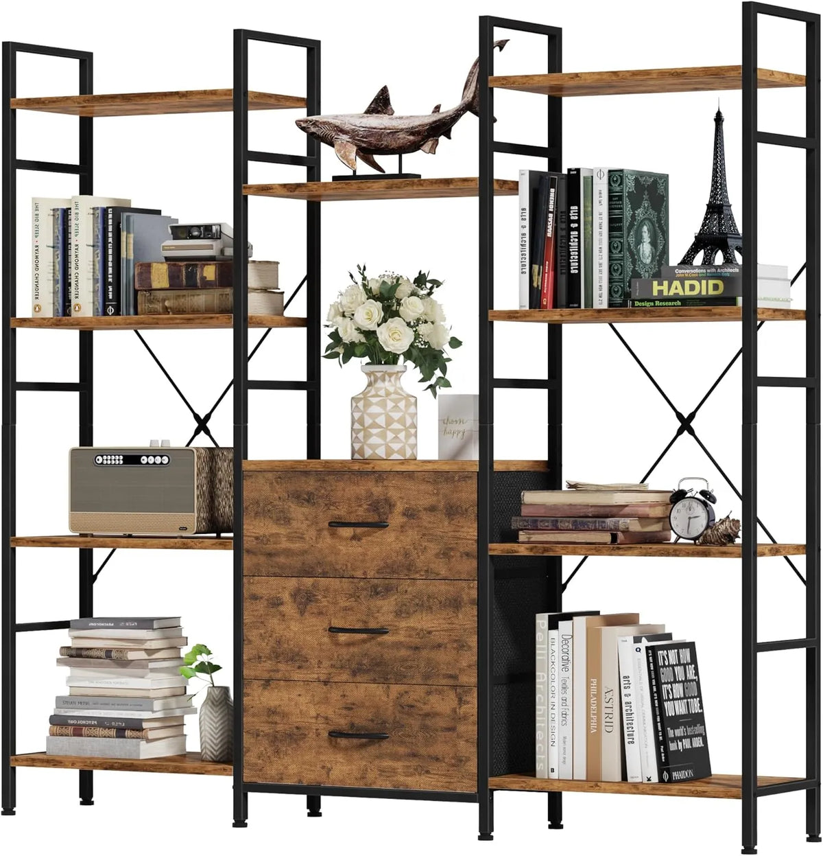 Grande Étagère de Rangement Rustique 4 Niveaux avec 3 Tiroirs en Tissu, Bibliothèque pour Salon, Bureau, Chambre et Cuisine