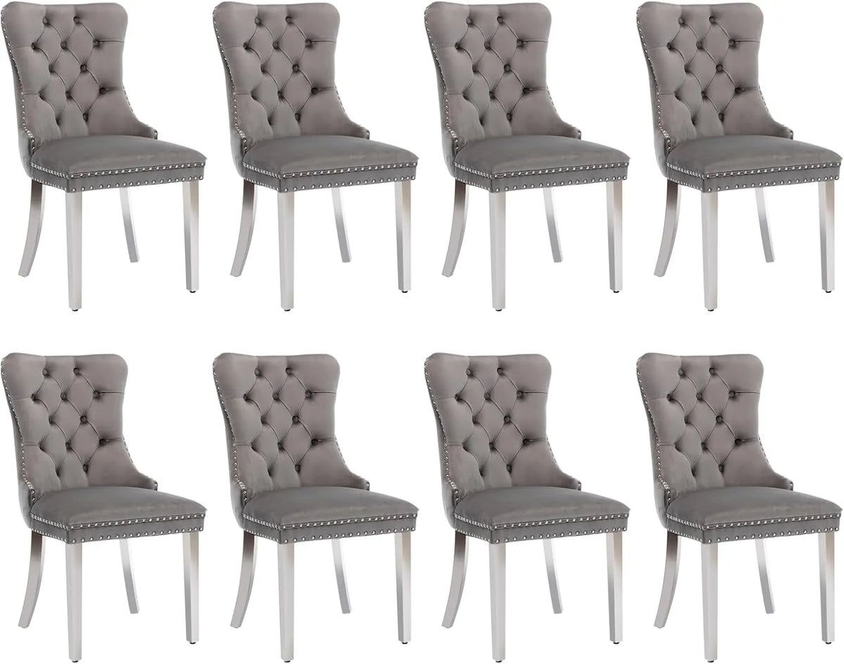 Ensemble de 8 Chaises Velours Gris avec Dossier Ailé et Jambes Argentées