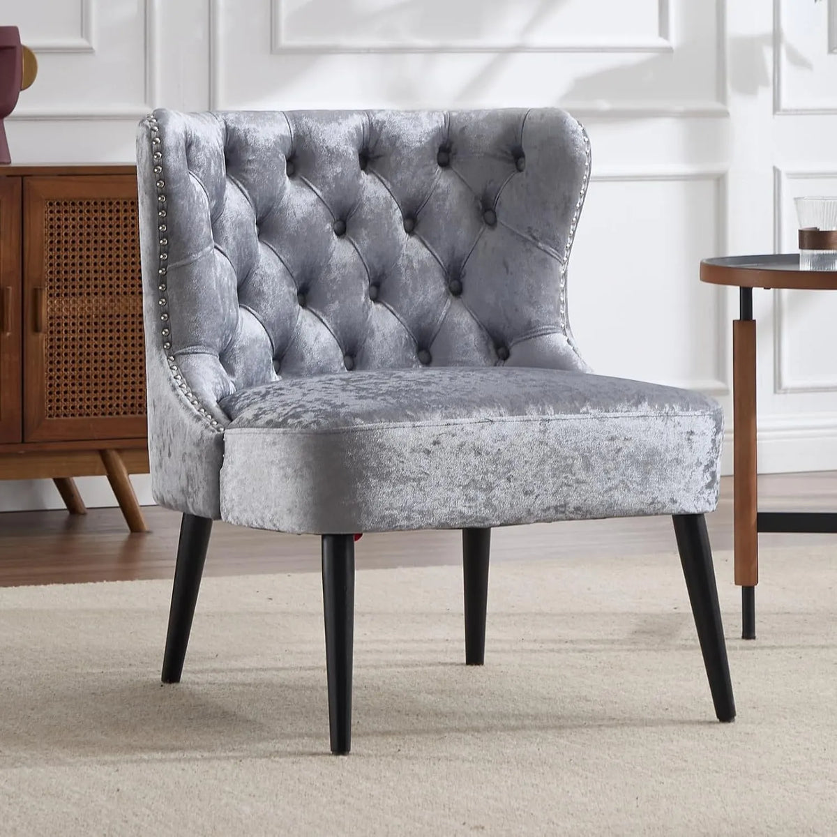 Fauteuil Velours Gris avec Pieds en Bois et Décorations, Chaise de Salon Élégante sans Accoudoirs