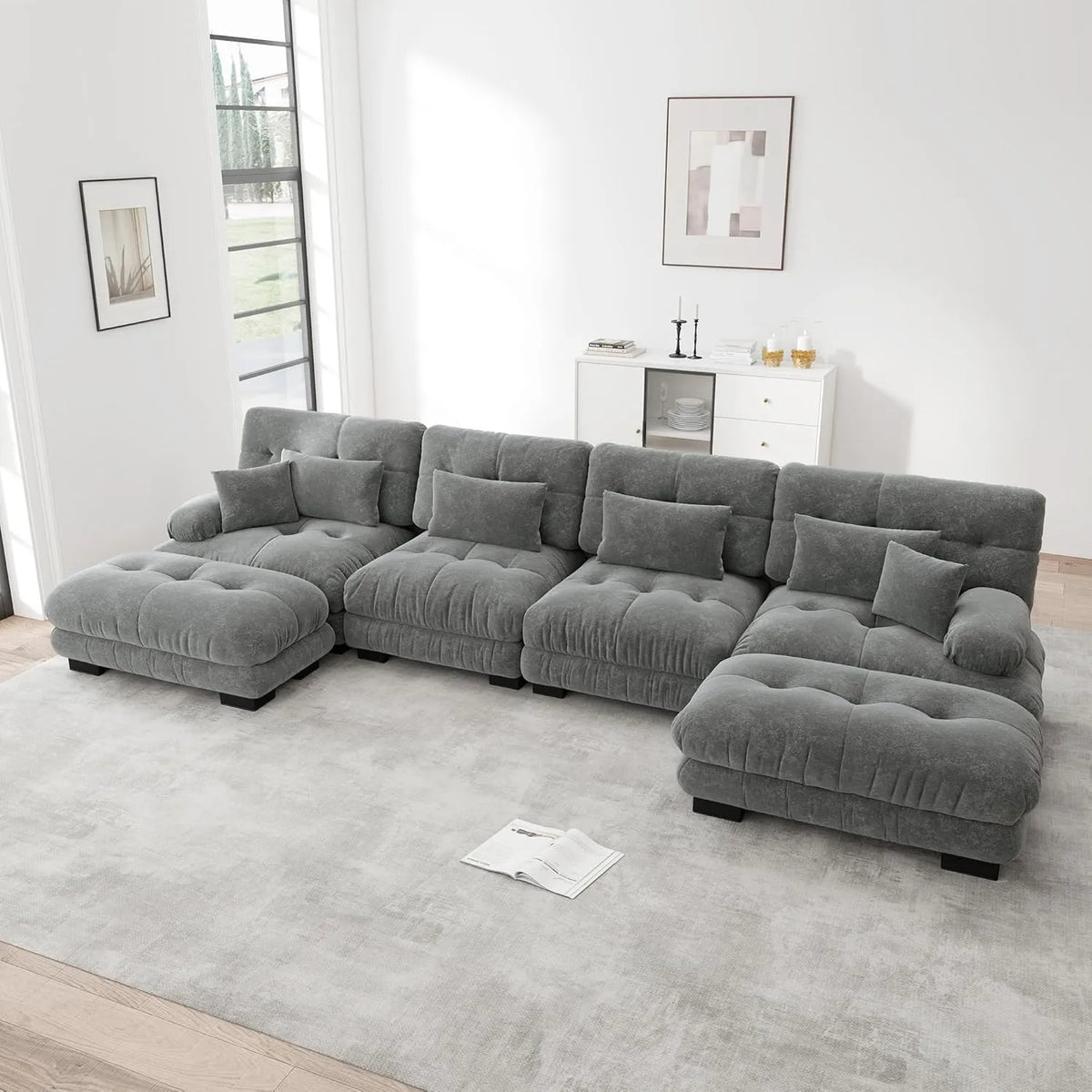 Canapé d'angle moderne en U avec repose-pieds, tissu chenille gris, pour salon et chambre