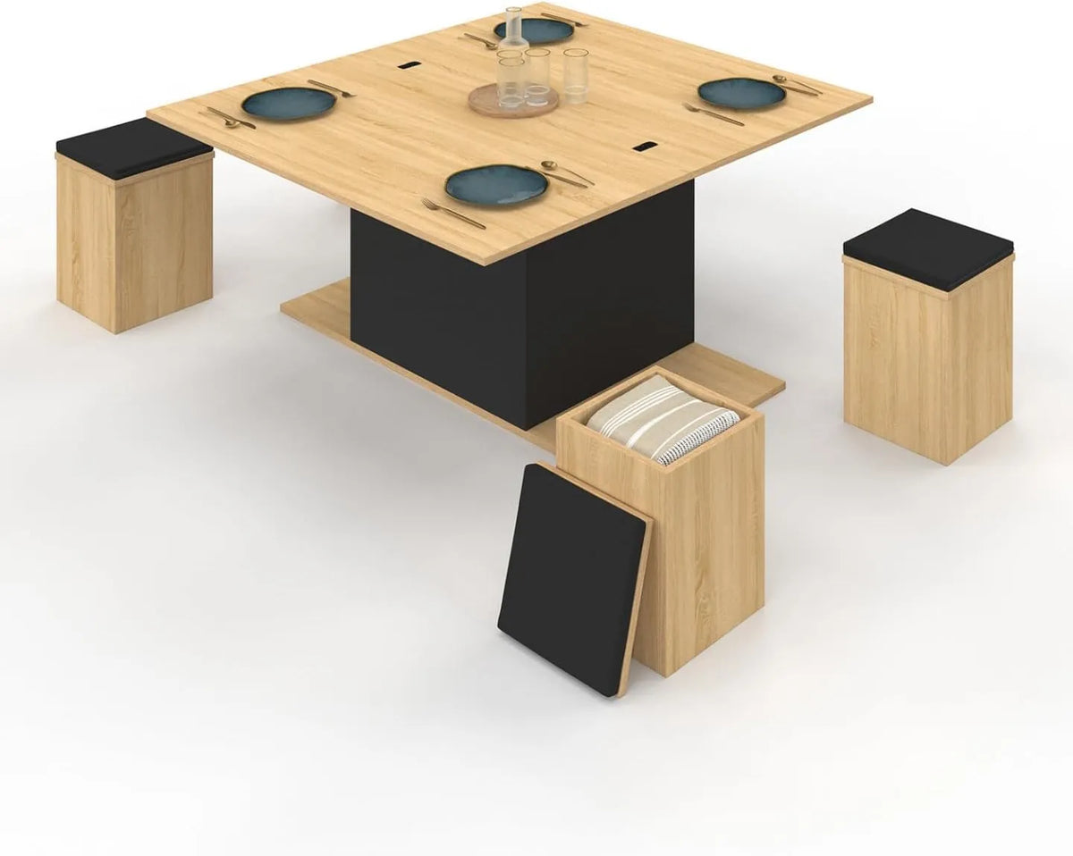 Table Basse Convertible Eden en Bois et Noir avec Poufs - 100 cm
