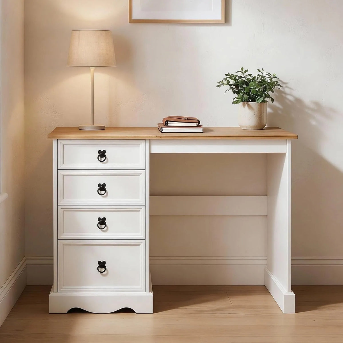 Bureau en Bois Massif Campo avec Rangement et 4 Tiroirs, 105 cm, Blanc, Style Campagne