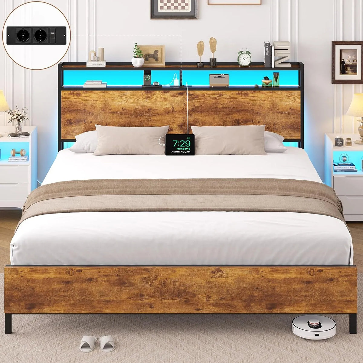 Lit Double 160x200 en Métal avec LED et Prises USB, Sommier et Étagères de Rangement, Marron Vintage Noir