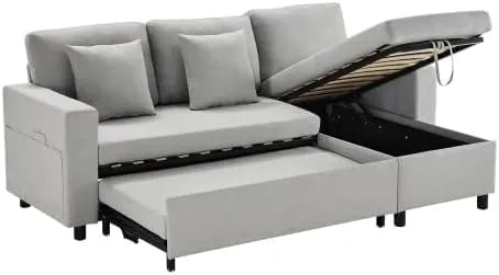 Canapé d'angle convertible moderne avec rangement et porte-gobelet, 3 places en L, option méridienne réversible, gris