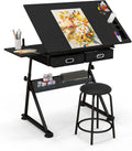 COSTWAY Bureau de Dessin Inclinable avec Tabouret et Rangement, Hauteur Ajustable pour Peinture, Noir, 61,5 x 119 x (73,5-98) cm