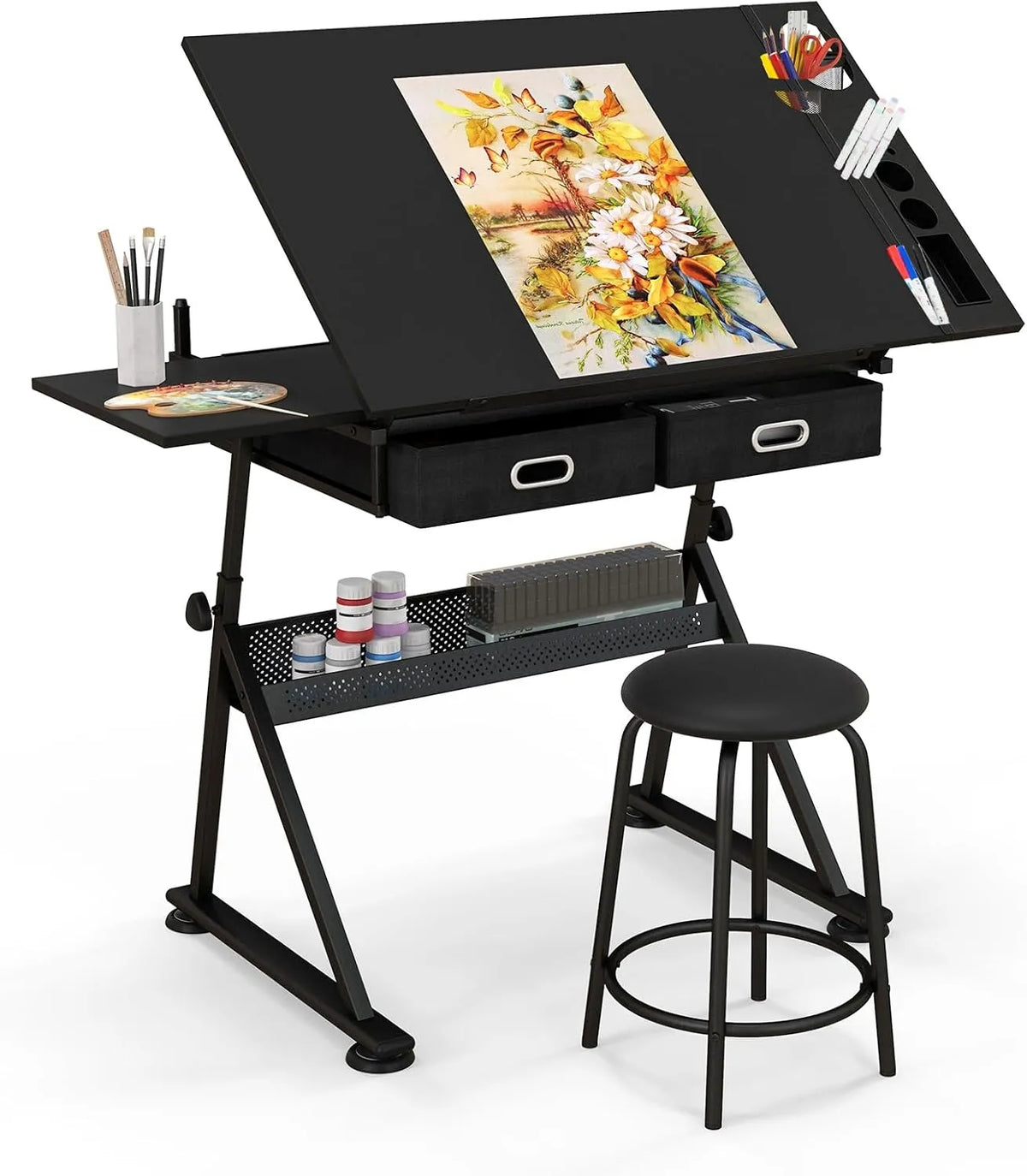 COSTWAY Bureau de Dessin Inclinable avec Tabouret et Rangement, Hauteur Ajustable pour Peinture, Noir, 61,5 x 119 x (73,5-98) cm