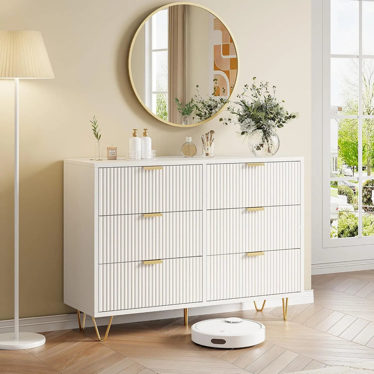 Commode Moderne 6 Tiroirs avec Poignées et Pieds Dorés pour Intérieur