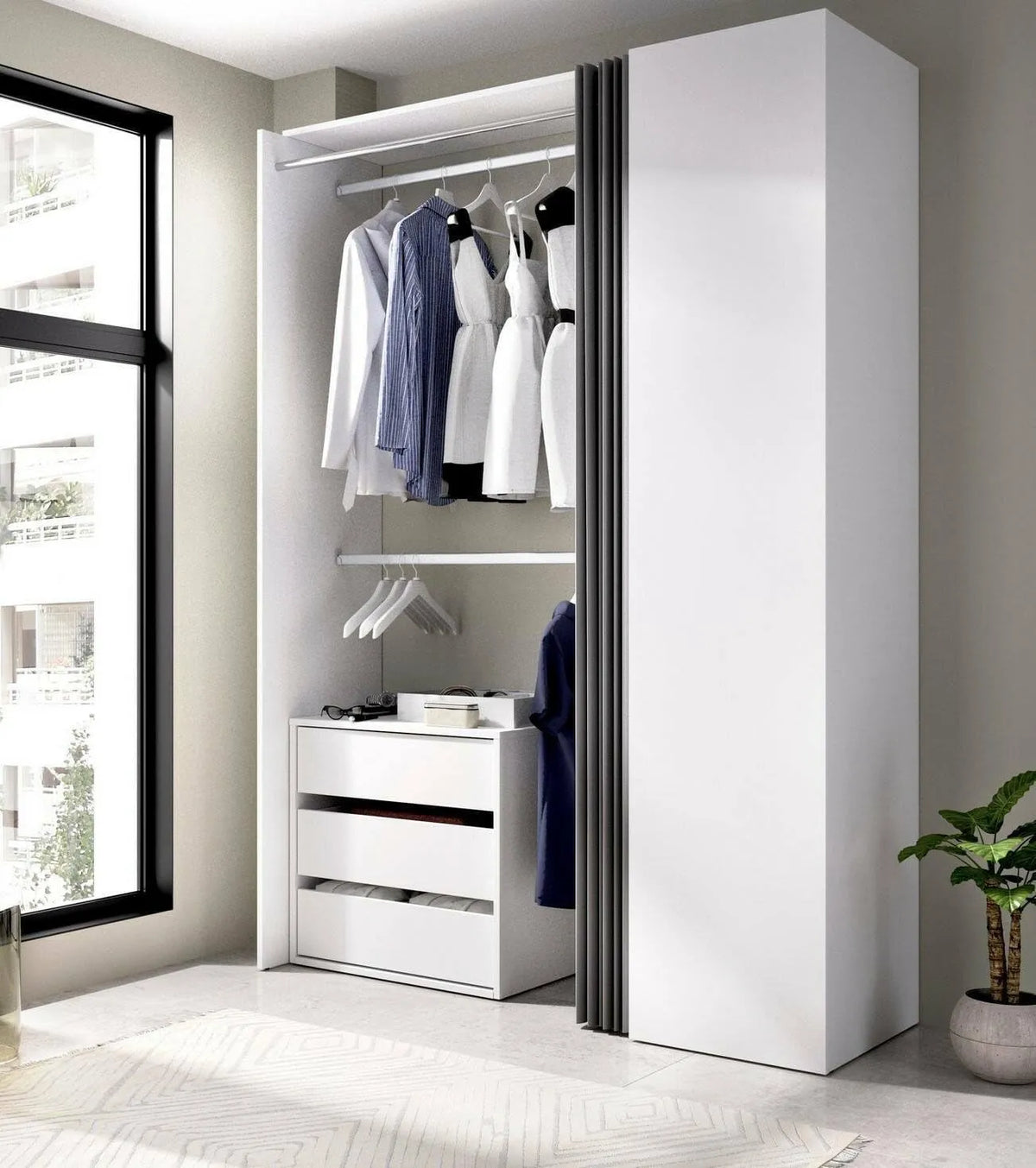 Armoire Sciliar en Blanc et Anthracite, 141x52x205 cm - Cintre Ouvert Moderne