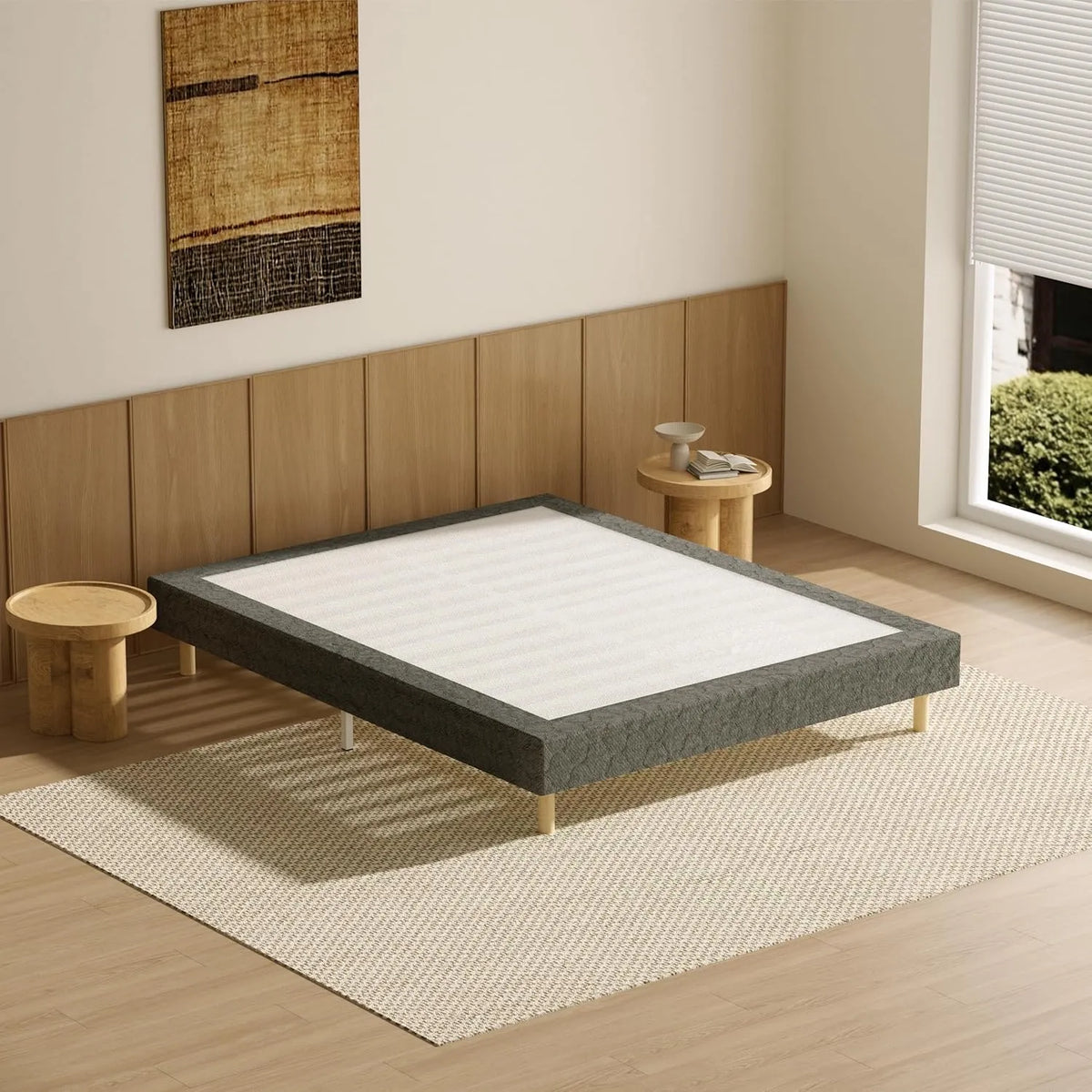 Lit Double 140x190 avec Sommier à Lattes Solide et Pieds en Bois
