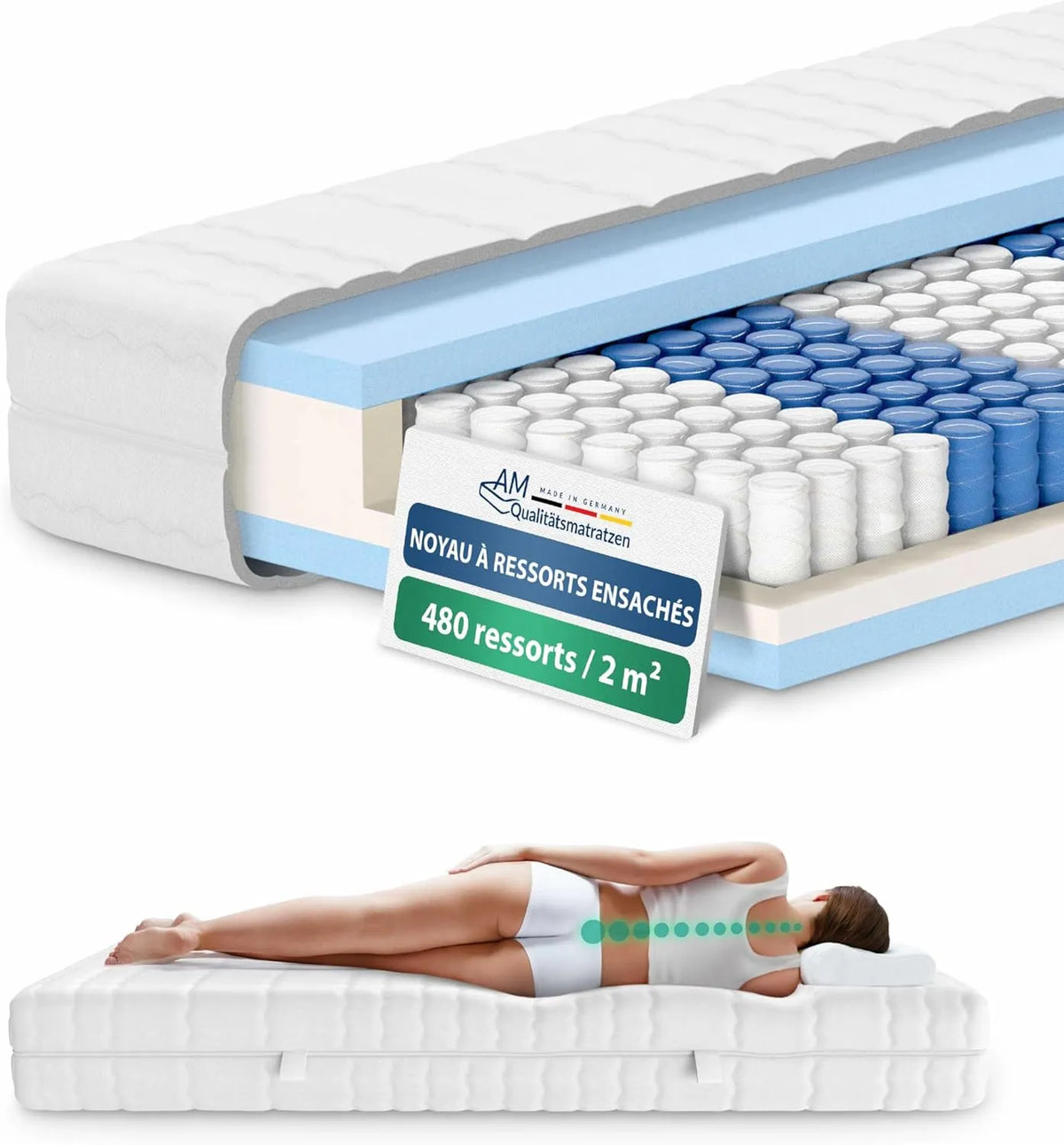 Matelas Ressorts 70x190 cm avec 7 Zones de Confort - Housse Amovible Lavable - 20 cm d'Épaisseur - Certifié Oeko-TEX - Fermeté Optimale