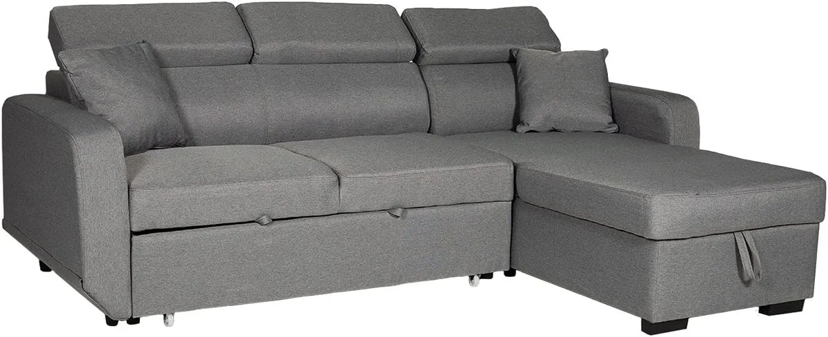 Canapé d'Angle Convertible 3 Places en Tissu Gris avec Méridienne Réversible, Appuie-tête Ajustable et Espace de Rangement - Modèle Warren