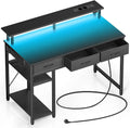 Bureau Rolanstar 100 cm avec LED, 3 Tiroirs et Prises - Table de Travail pour Adolescents, Noir