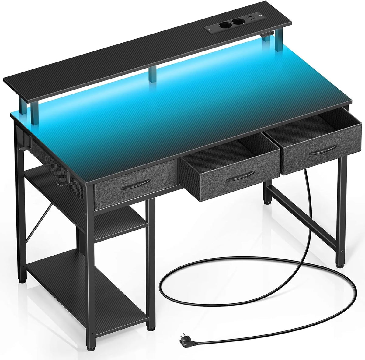 Bureau Rolanstar 100 cm avec LED, 3 Tiroirs et Prises - Table de Travail pour Adolescents, Noir