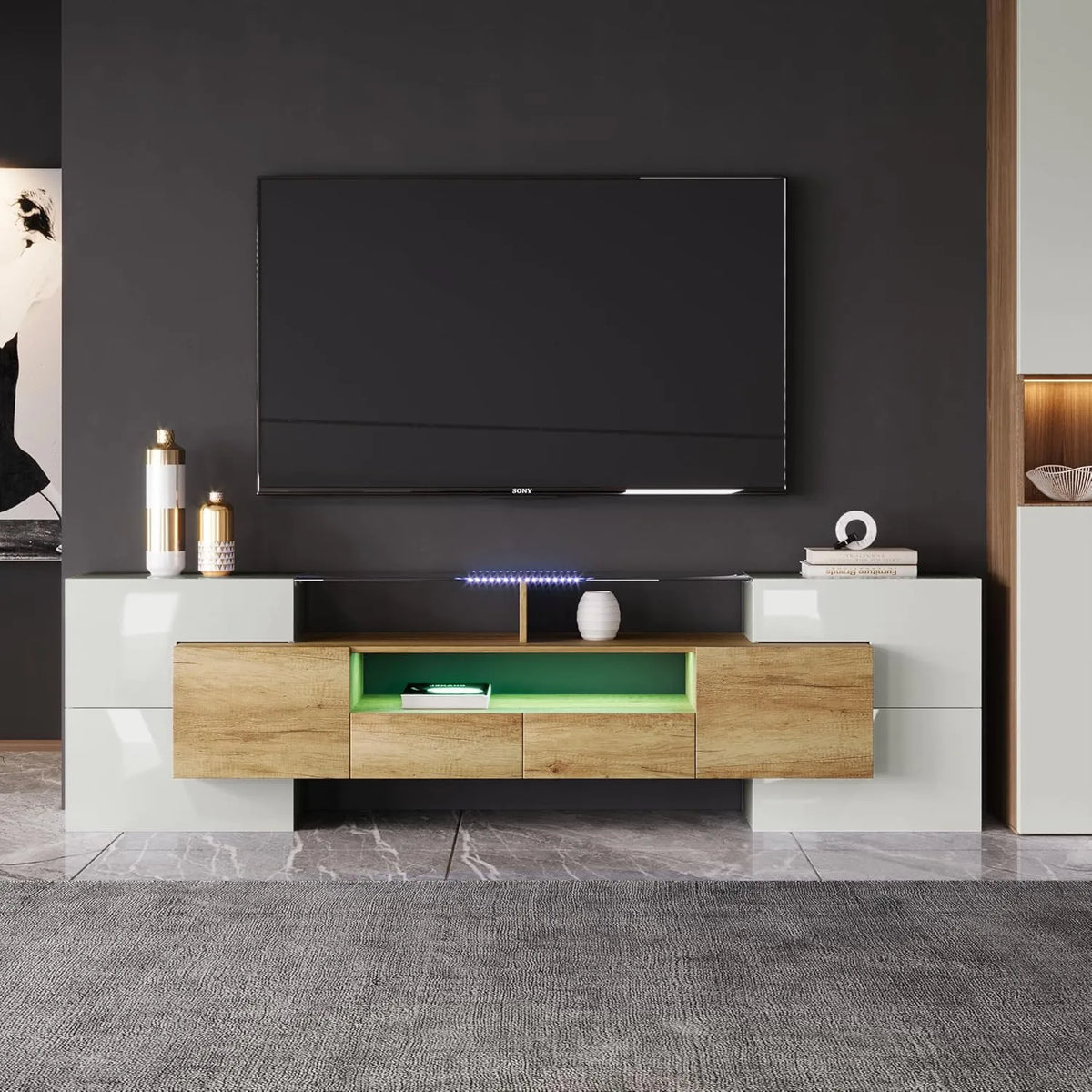Meuble TV contemporain 200 cm avec LED, noir et blanc brillant, éclairage intégré, 2 tiroirs, 3 compartiments, idéal salon et chambre